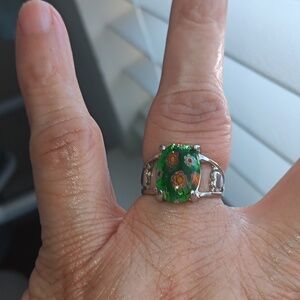 Murano Glass Millifiori 925 Sterling Silver Ring 6.5